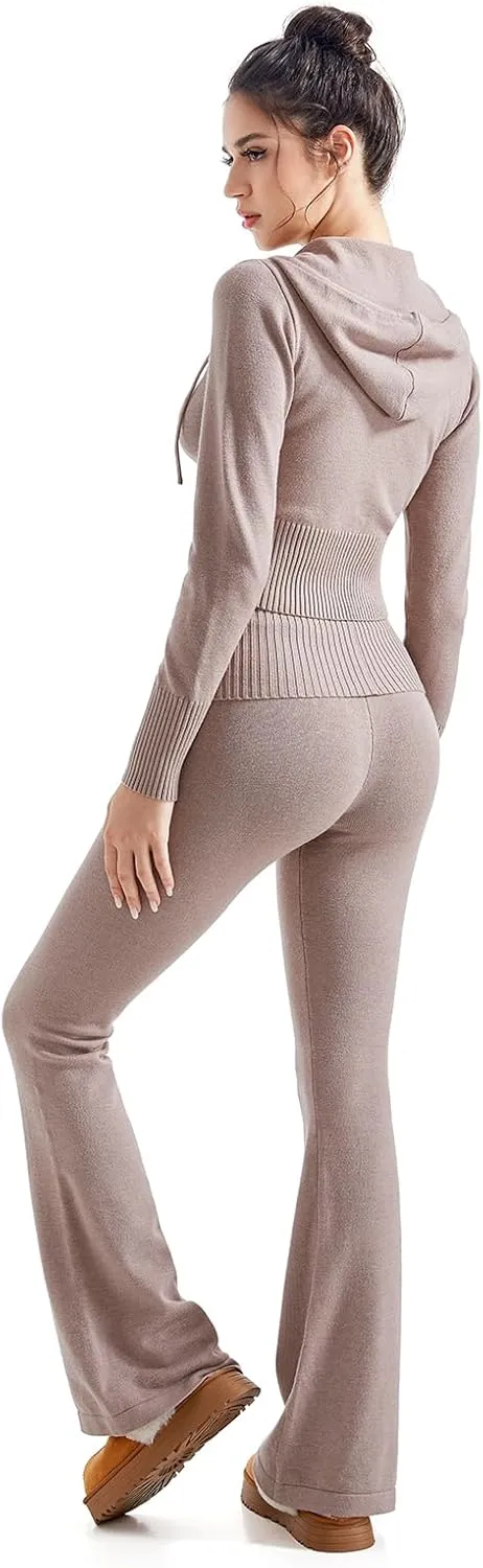 SUUKSESS Women 2 Piece Knit Sets Cropped Zip Up Hoodie Foldover Flare Leg Pants