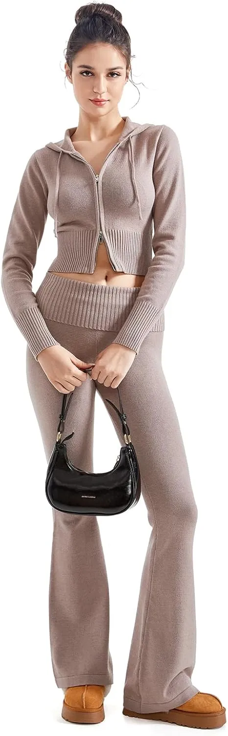 SUUKSESS Women 2 Piece Knit Sets Cropped Zip Up Hoodie Foldover Flare Leg Pants