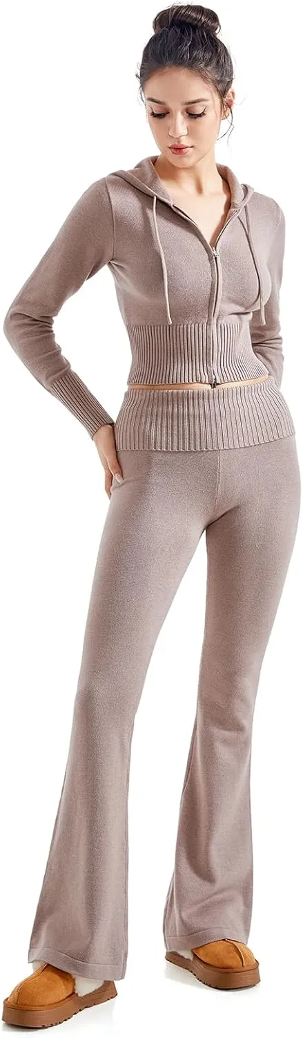 SUUKSESS Women 2 Piece Knit Sets Cropped Zip Up Hoodie Foldover Flare Leg Pants