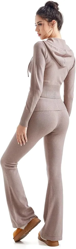 SUUKSESS Women 2 Piece Knit Sets Cropped Zip Up Hoodie Foldover Flare Leg Pants