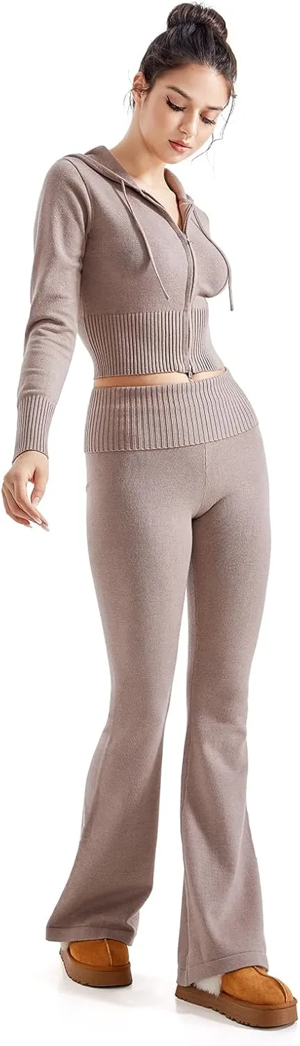 SUUKSESS Women 2 Piece Knit Sets Cropped Zip Up Hoodie Foldover Flare Leg Pants