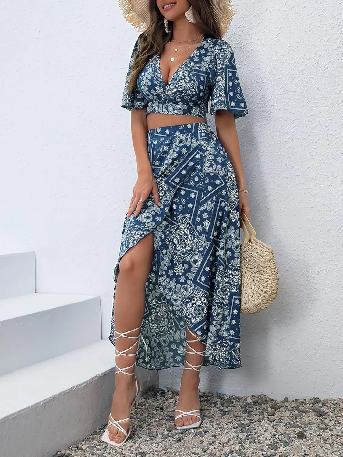 SweatyRocks Women's 2 Piece Outfit Floral Printed Short Sleeve Wrap Crop Top and Split Thigh Long Skirt Set