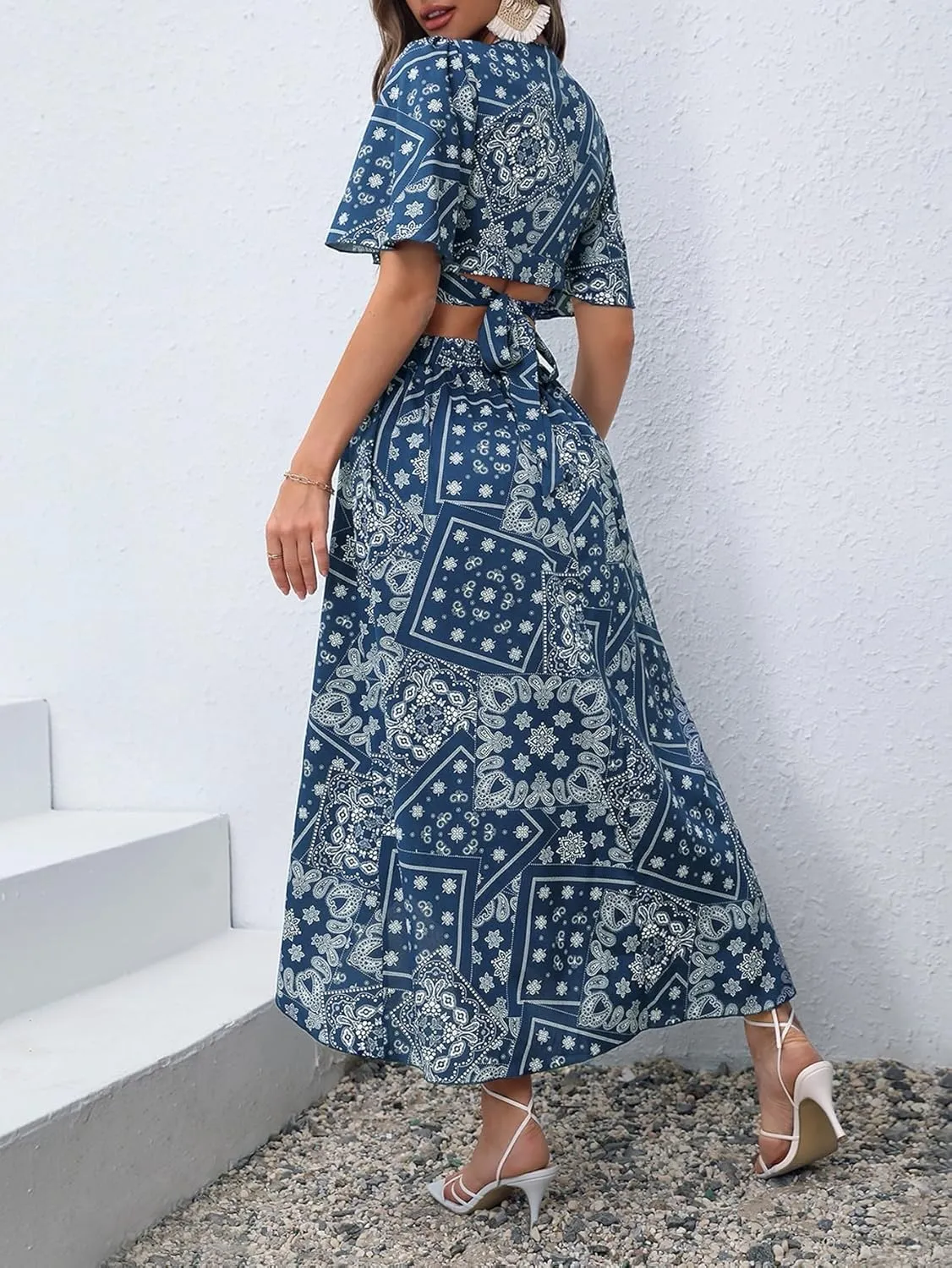 SweatyRocks Women's 2 Piece Outfit Floral Printed Short Sleeve Wrap Crop Top and Split Thigh Long Skirt Set