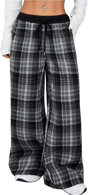 SweatyRocks Women's Plaid Pants Wide Leg Drawstring High Waist Loose Trousers with Pocket