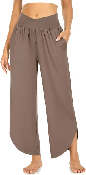TARSE Wide Leg Pants for Women Cross High Waisted Yoga Pants Casual Lounge Joggers Loose fit Pajama Bottoms with Pockets