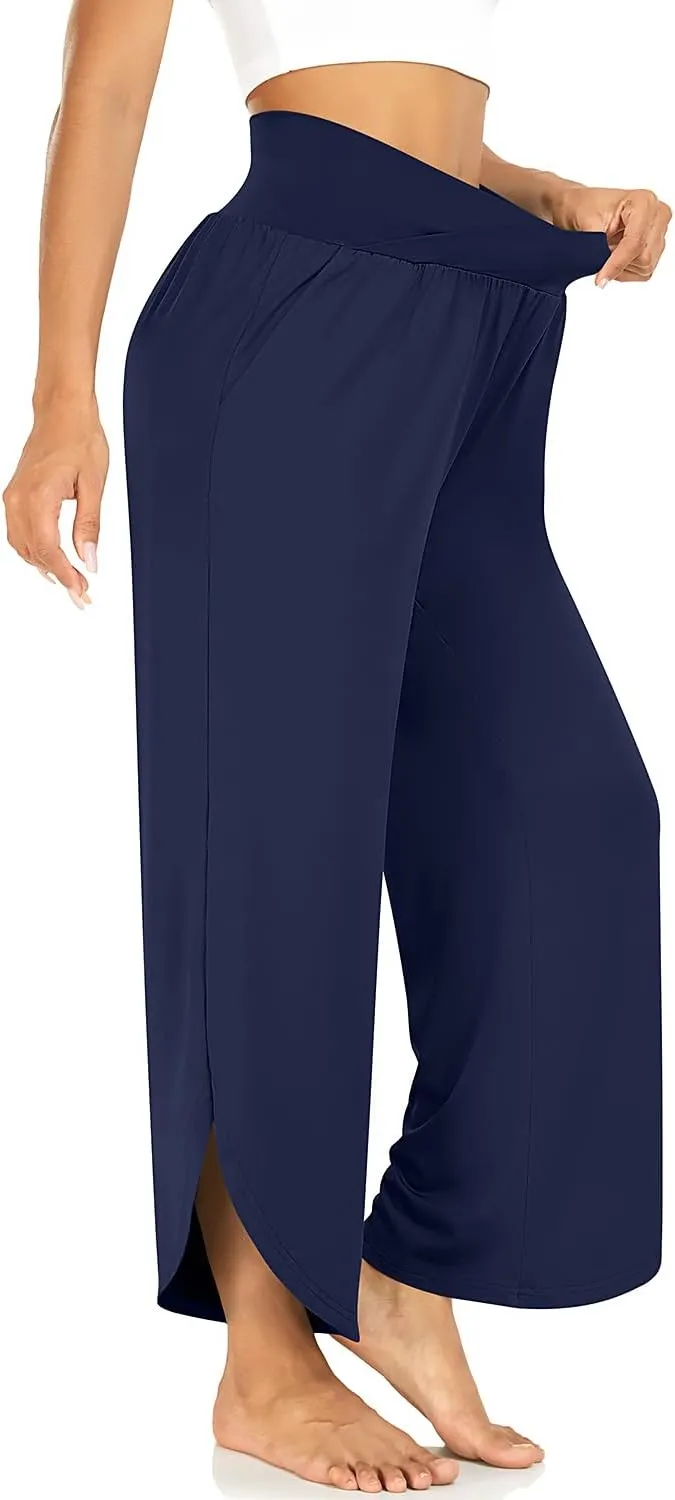 TARSE Wide Leg Pants for Women Cross High Waisted Yoga Pants Casual Lounge Joggers Loose fit Pajama Bottoms with Pockets