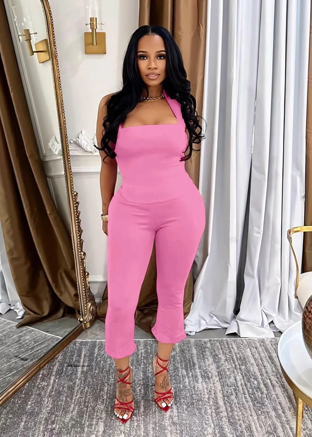 ThusFar Women 2 Piece Sets Halter Tops Flared Pants Outfits Sexy 2025 Summer Tracksuit Y2k Bodycon Jumpsuit Clubwear