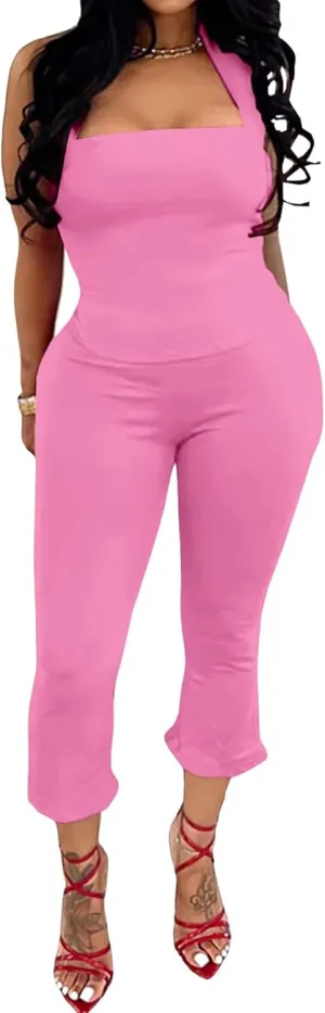 ThusFar Women 2 Piece Sets Halter Tops Flared Pants Outfits Sexy 2025 Summer Tracksuit Y2k Bodycon Jumpsuit Clubwear