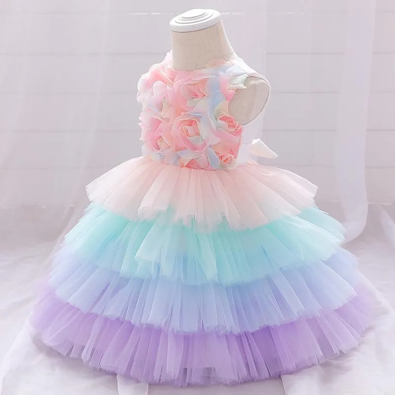 Toddler Girl 3D Flower Decor Sleeveless Mesh Layered Hem Formal Dress