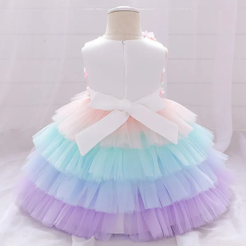 Toddler Girl 3D Flower Decor Sleeveless Mesh Layered Hem Formal Dress
