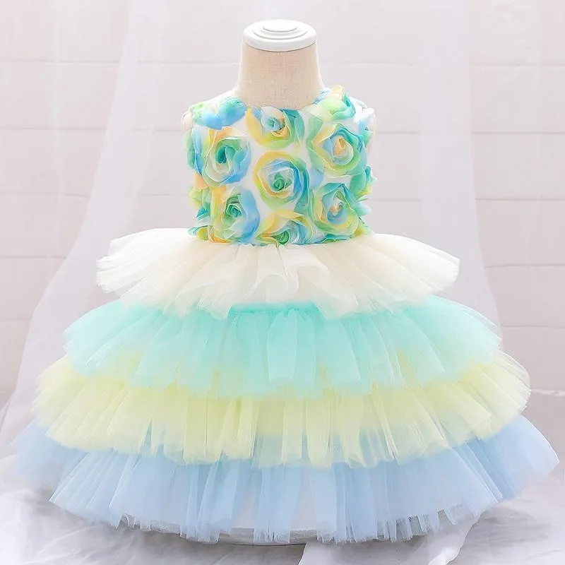 Toddler Girl 3D Flower Decor Sleeveless Mesh Layered Hem Formal Dress