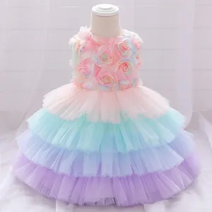 Toddler Girl 3D Flower Decor Sleeveless Mesh Layered Hem Formal Dress
