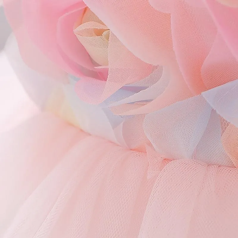 Toddler Girl 3D Flower Decor Sleeveless Mesh Layered Hem Formal Dress