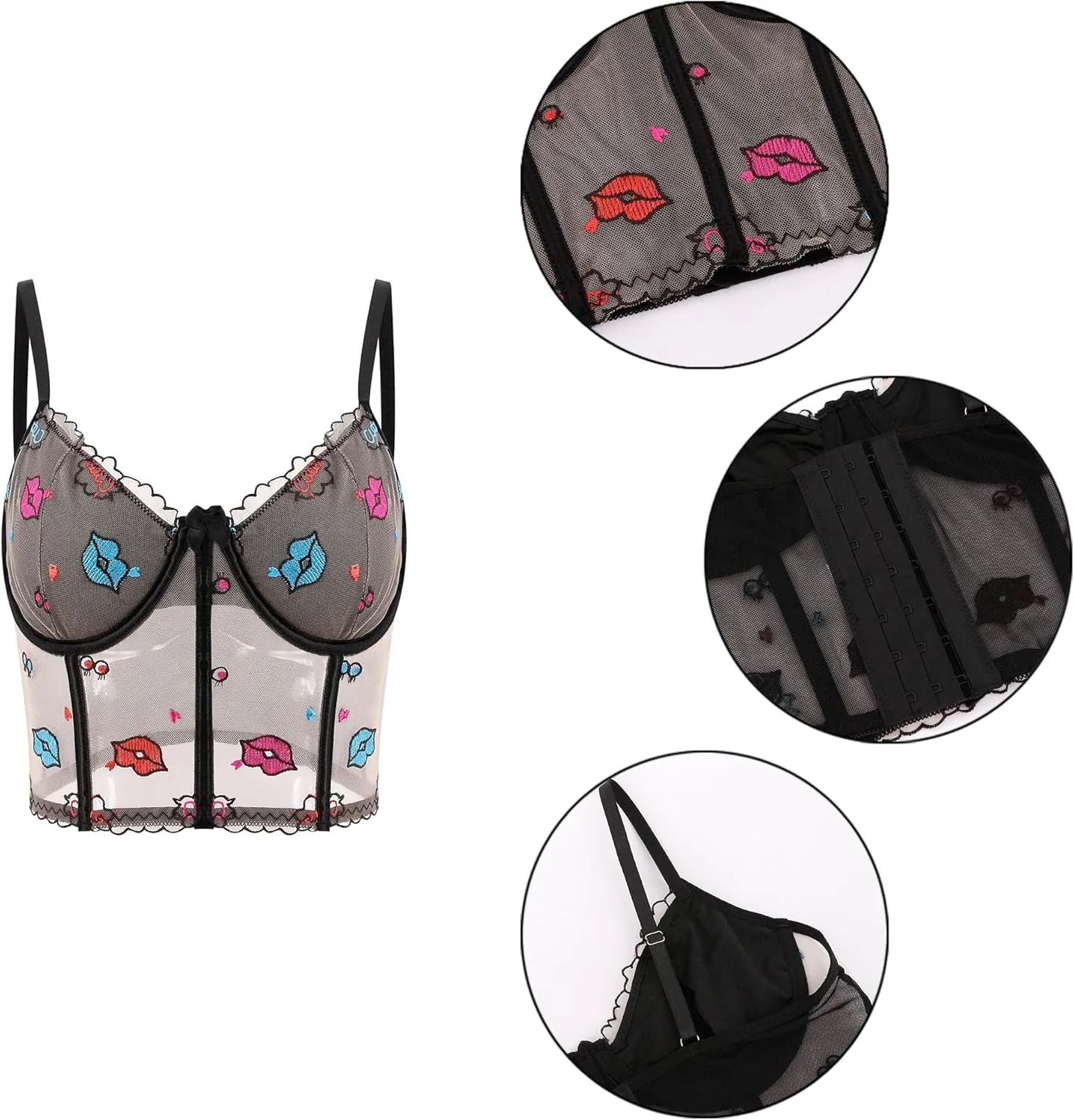 TYNORA Women's Mesh Floral Embroidery Spaghetti Strap Cami Crop Tops Lace Trim Bralette Cami Bustier Top Nightclub