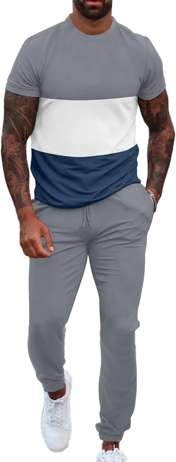 UOUA Mens 2 Piece Sweatsuits Outfits Short Sleeve Pullover Loungewear & Joggers Sweatpants Summer Casual Track Suits Set