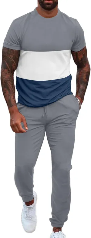 UOUA Mens 2 Piece Sweatsuits Outfits Short Sleeve Pullover Loungewear & Joggers Sweatpants Summer Casual Track Suits Set