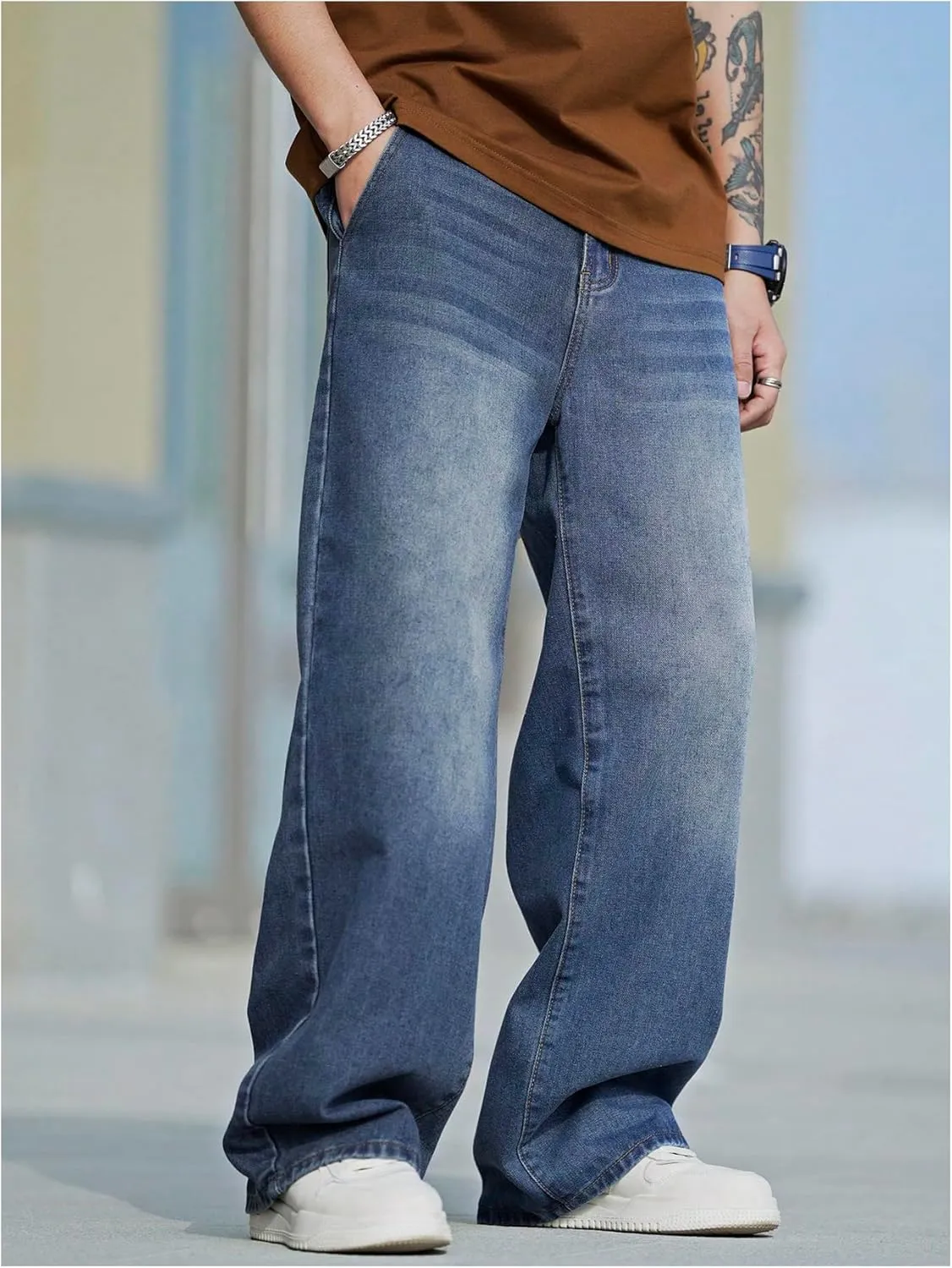 Verdusa Men's Wide Leg Denim Pants Casual Loose Fit Long Jeans with Pockets