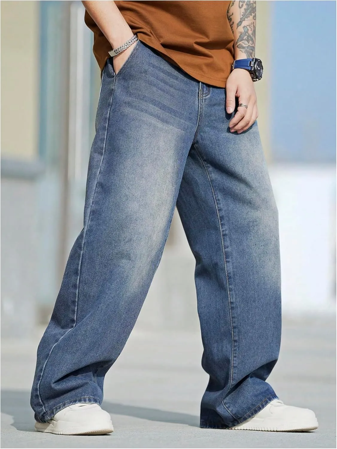 Verdusa Men's Wide Leg Denim Pants Casual Loose Fit Long Jeans with Pockets