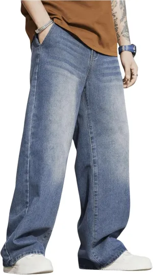 Verdusa Men's Wide Leg Denim Pants Casual Loose Fit Long Jeans with Pockets