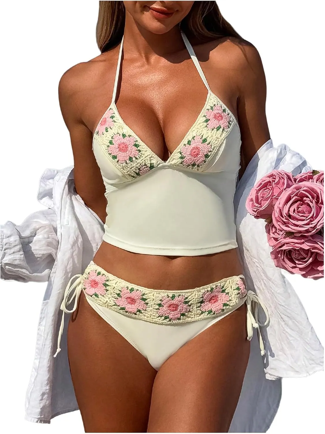 Verdusa Women's 2 Piece Boho Floral Tankini Set Deep V Neck Crop Halter Tops with Panty Swimsuit