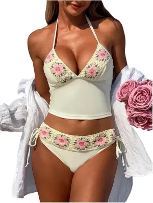 Verdusa Women's 2 Piece Boho Floral Tankini Set Deep V Neck Crop Halter Tops with Panty Swimsuit