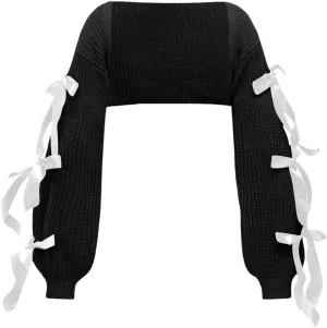 Verdusa Women's Bow Tie Bolero Shrug Crochet Cardigan Knit Cropped Ballet Shoulder Shrug Long Sleeve Sweater