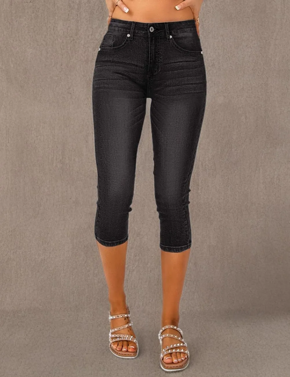Vetinee Women's High Waisted Casual Ripped Skinny Slim Fit Stretch Denim Capri Jeans