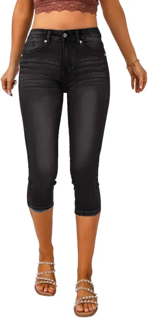 Vetinee Women's High Waisted Casual Ripped Skinny Slim Fit Stretch Denim Capri Jeans