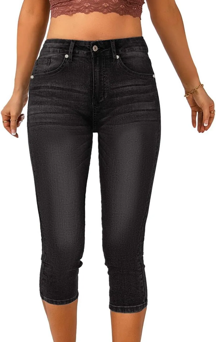Vetinee Women's High Waisted Casual Ripped Skinny Slim Fit Stretch Denim Capri Jeans
