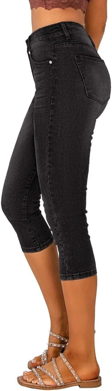Vetinee Women's High Waisted Casual Ripped Skinny Slim Fit Stretch Denim Capri Jeans