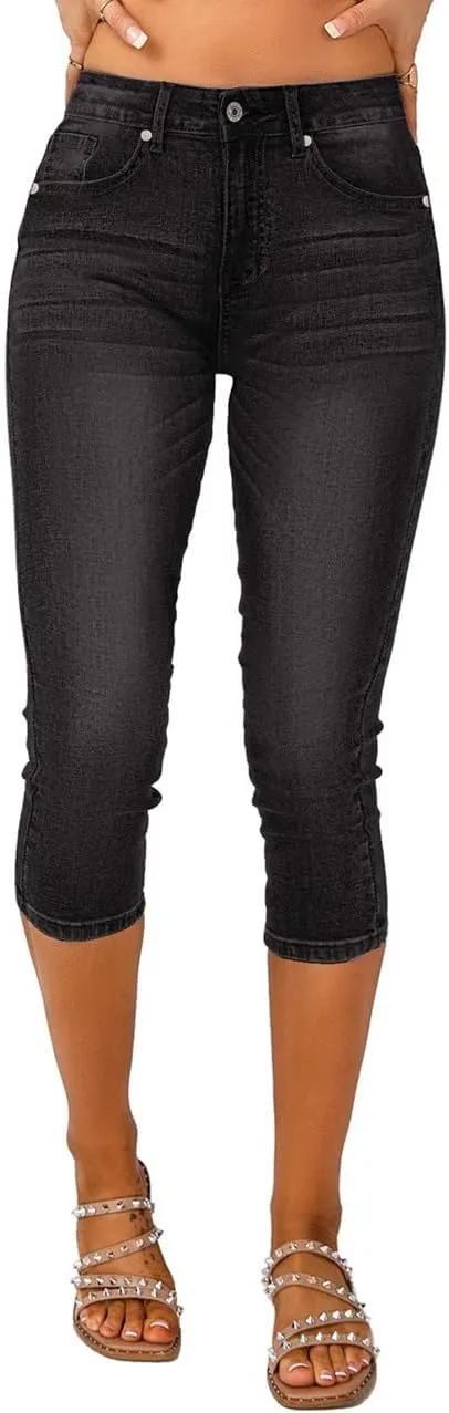 Vetinee Women's High Waisted Casual Ripped Skinny Slim Fit Stretch Denim Capri Jeans