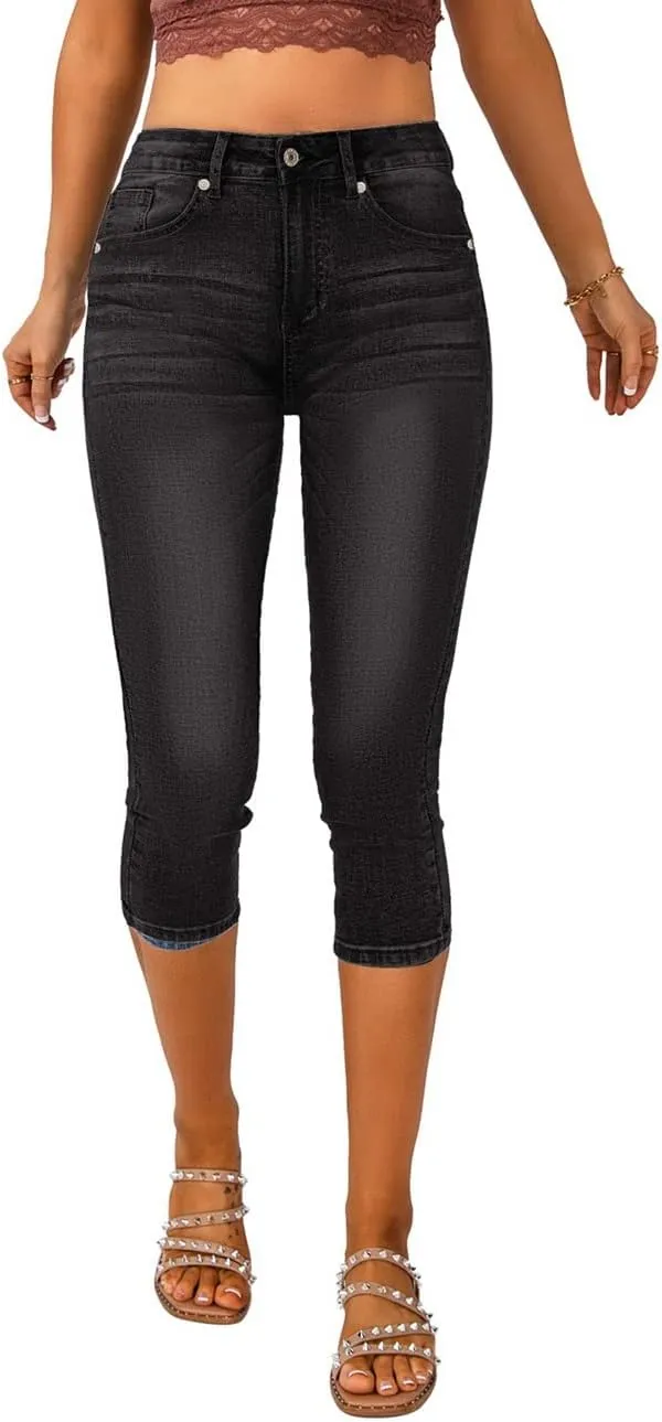 Vetinee Women's High Waisted Casual Ripped Skinny Slim Fit Stretch Denim Capri Jeans