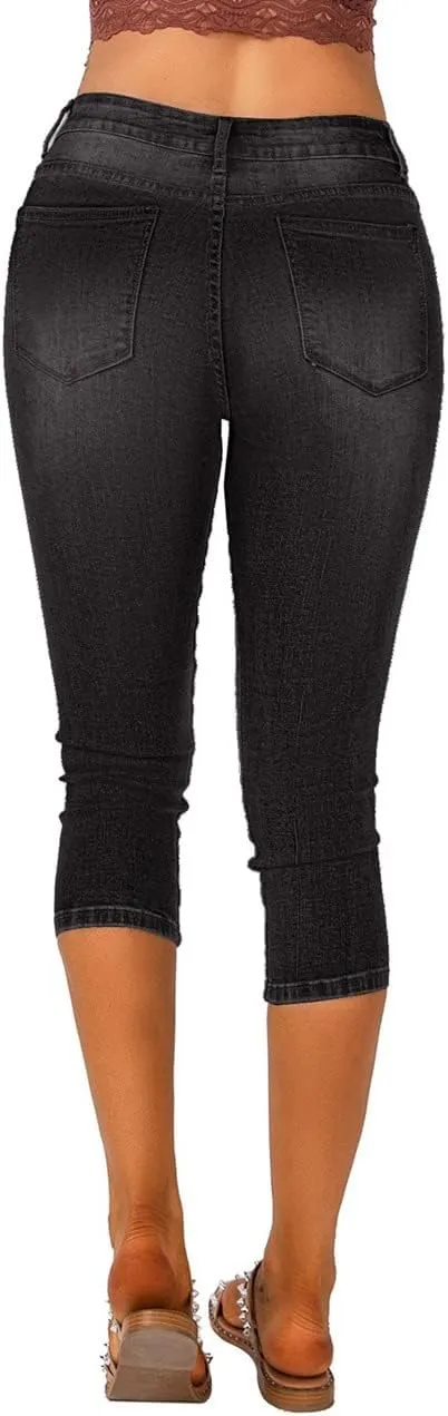 Vetinee Women's High Waisted Casual Ripped Skinny Slim Fit Stretch Denim Capri Jeans