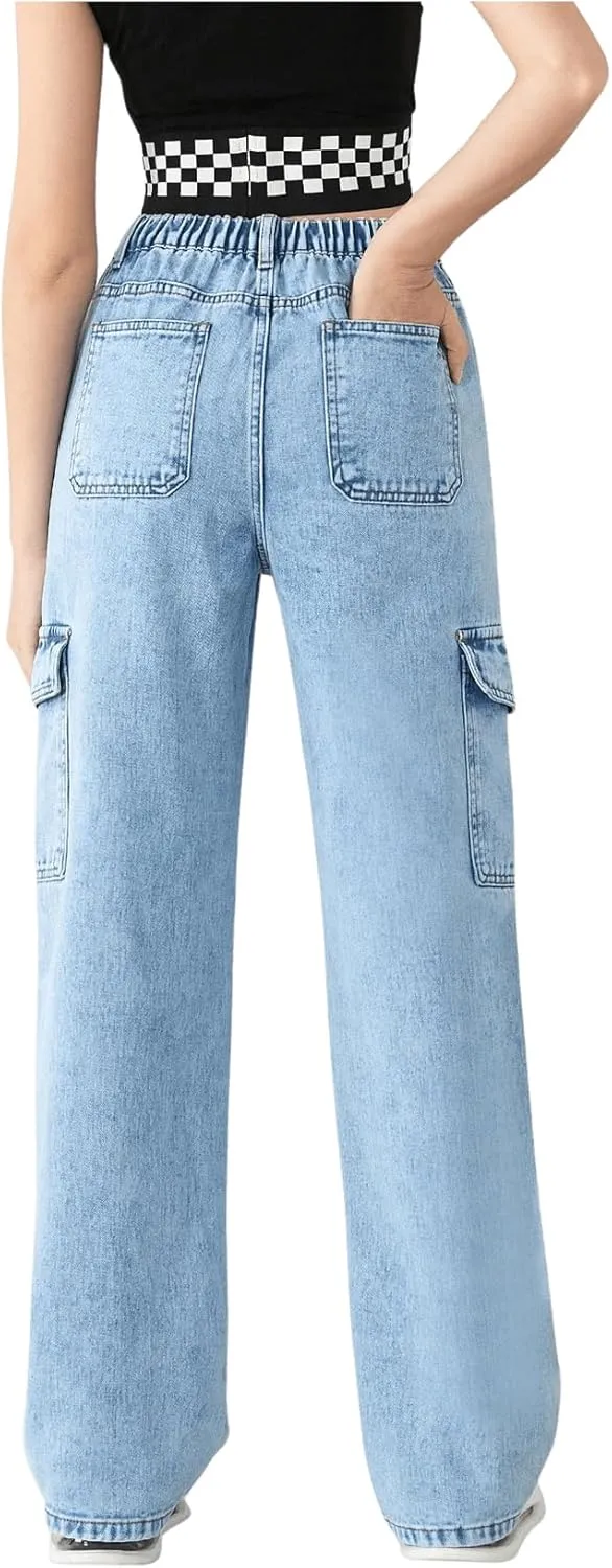 WDIRARA Girl's High Waist Zip Up Denim Pants Straight Leg Cargo Jeans with Pockets