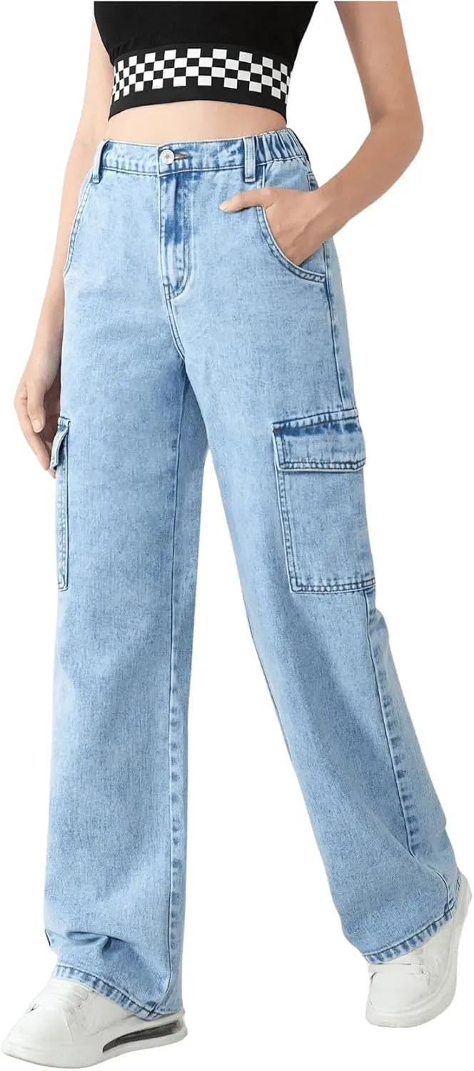 WDIRARA Girl's High Waist Zip Up Denim Pants Straight Leg Cargo Jeans with Pockets