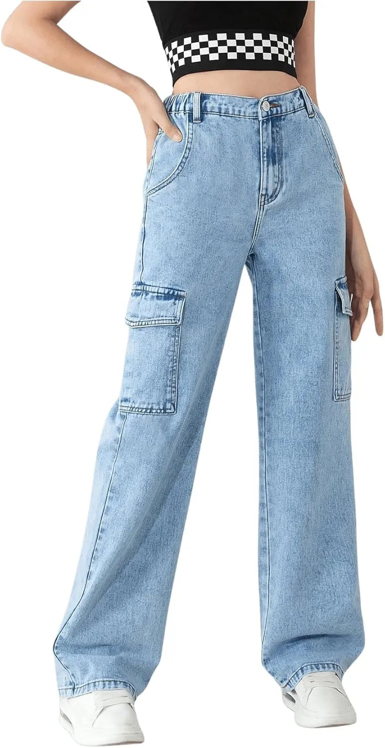 WDIRARA Girl's High Waist Zip Up Denim Pants Straight Leg Cargo Jeans with Pockets
