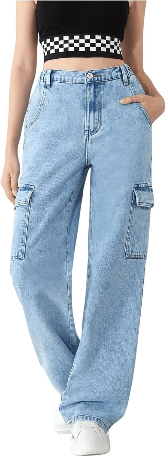 WDIRARA Girl's High Waist Zip Up Denim Pants Straight Leg Cargo Jeans with Pockets