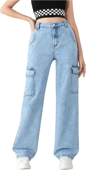 WDIRARA Girl's High Waist Zip Up Denim Pants Straight Leg Cargo Jeans with Pockets