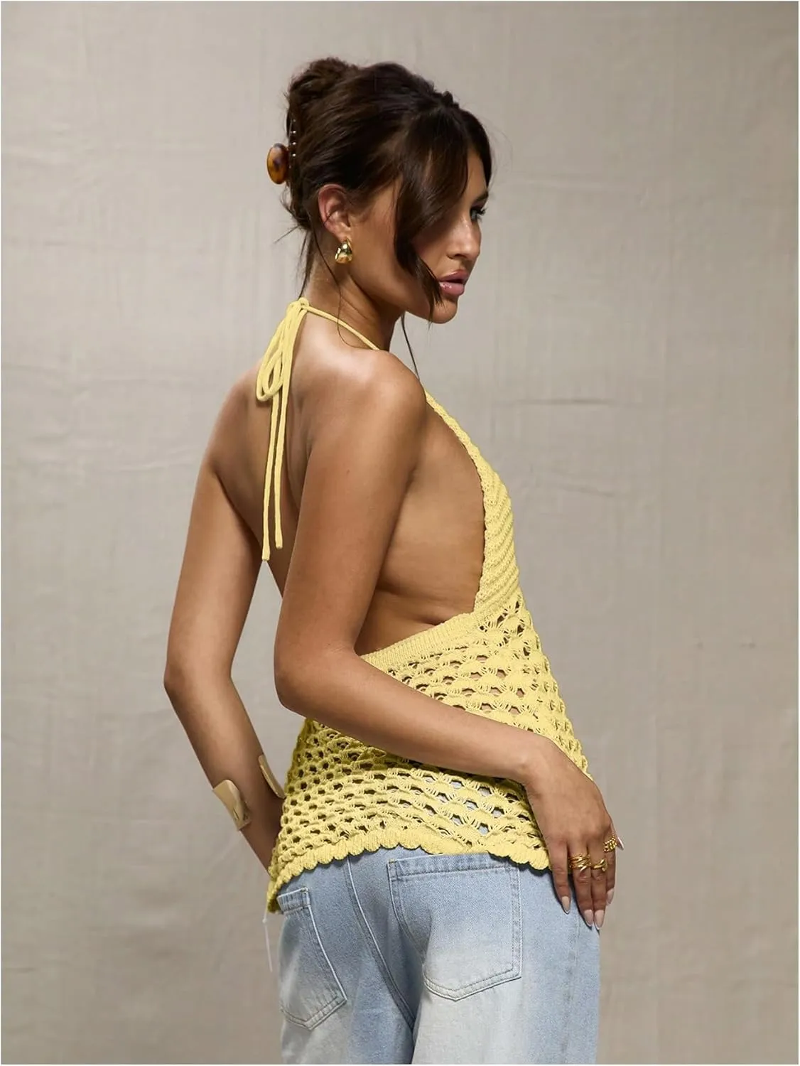 WDIRARA Women's Crochet Tie Front Y2k Tops Sexy Knitted V Neck Sleeveless Camisole Halter Crop Top Streetwear