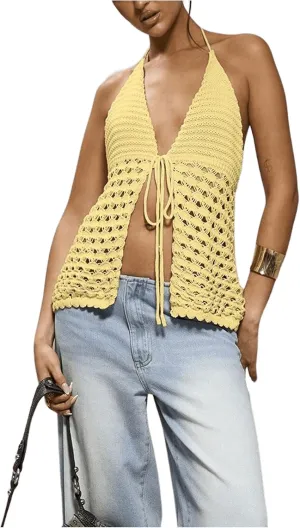 WDIRARA Women's Crochet Tie Front Y2k Tops Sexy Knitted V Neck Sleeveless Camisole Halter Crop Top Streetwear