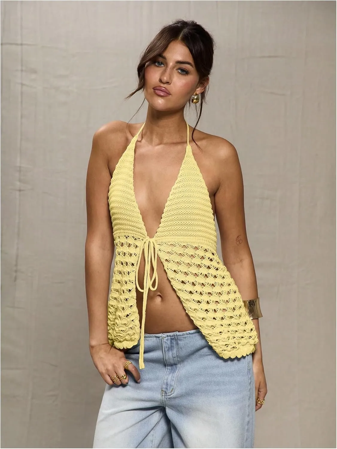 WDIRARA Women's Crochet Tie Front Y2k Tops Sexy Knitted V Neck Sleeveless Camisole Halter Crop Top Streetwear