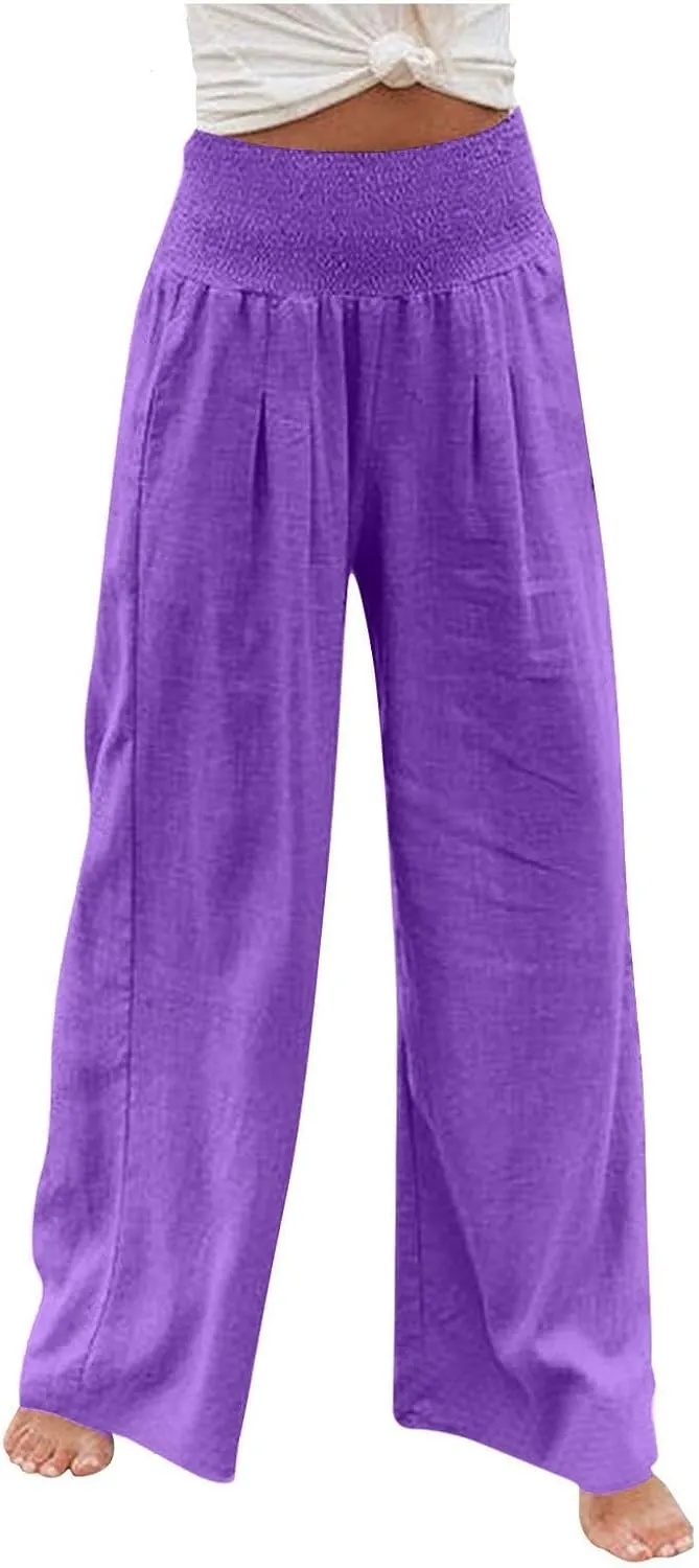 Wide Leg Linen Pants Women Baggy Flowy Beach Pants Elastic High Waisted Smocked Tummy Control Vacation Pants with Pockets