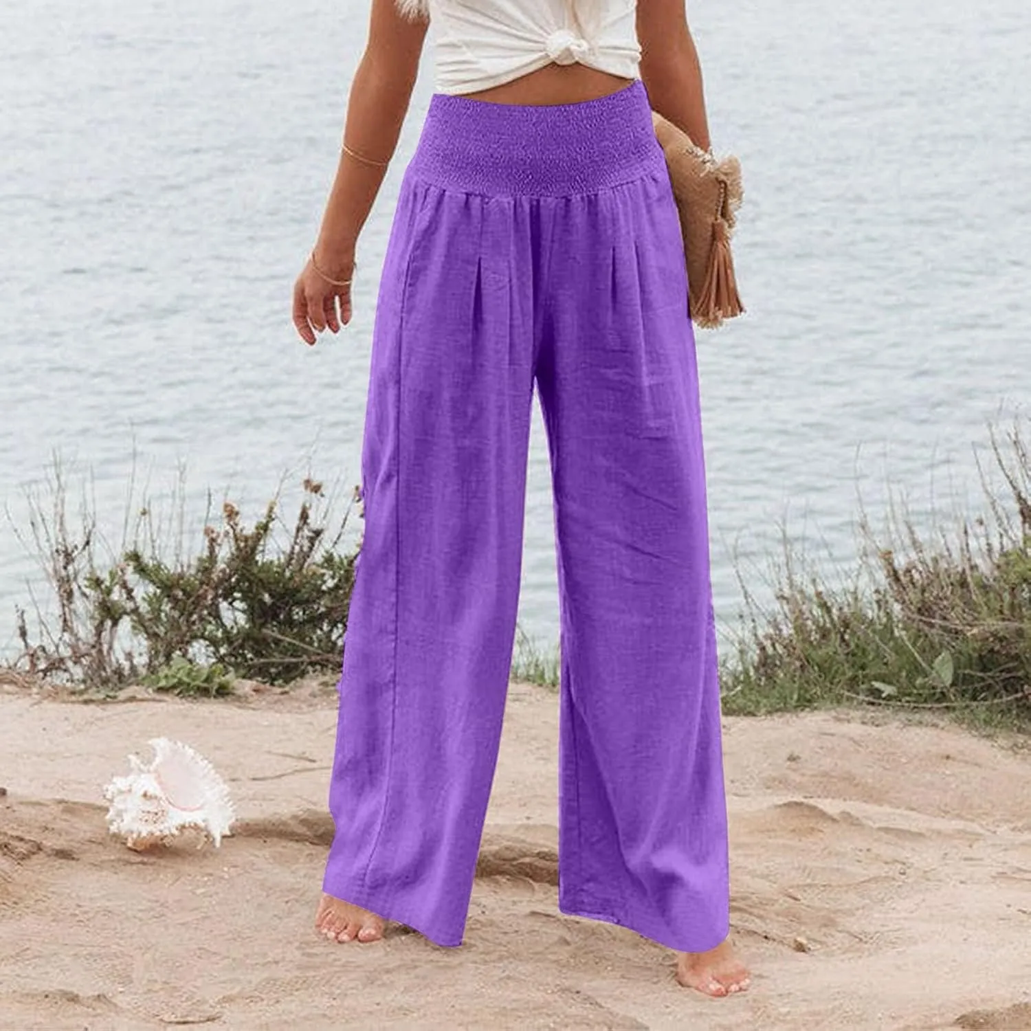 Wide Leg Linen Pants Women Baggy Flowy Beach Pants Elastic High Waisted Smocked Tummy Control Vacation Pants with Pockets