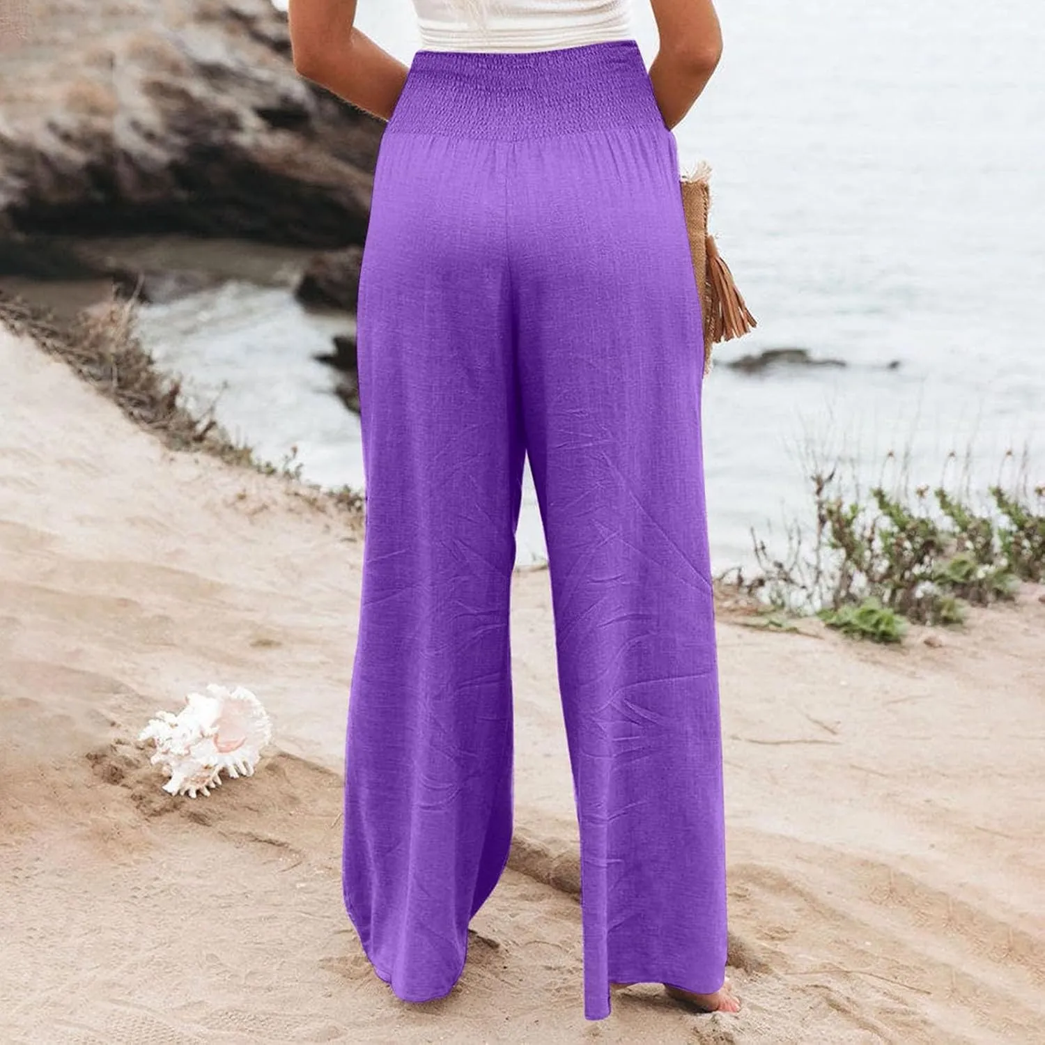 Wide Leg Linen Pants Women Baggy Flowy Beach Pants Elastic High Waisted Smocked Tummy Control Vacation Pants with Pockets