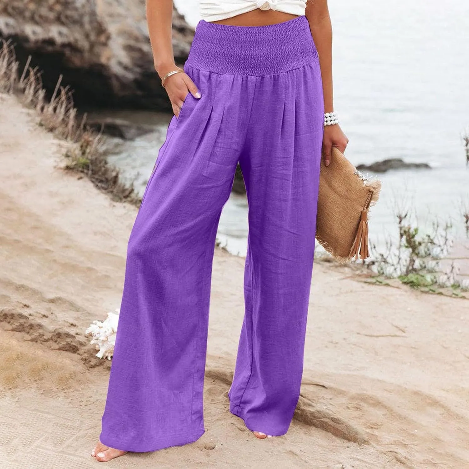 Wide Leg Linen Pants Women Baggy Flowy Beach Pants Elastic High Waisted Smocked Tummy Control Vacation Pants with Pockets