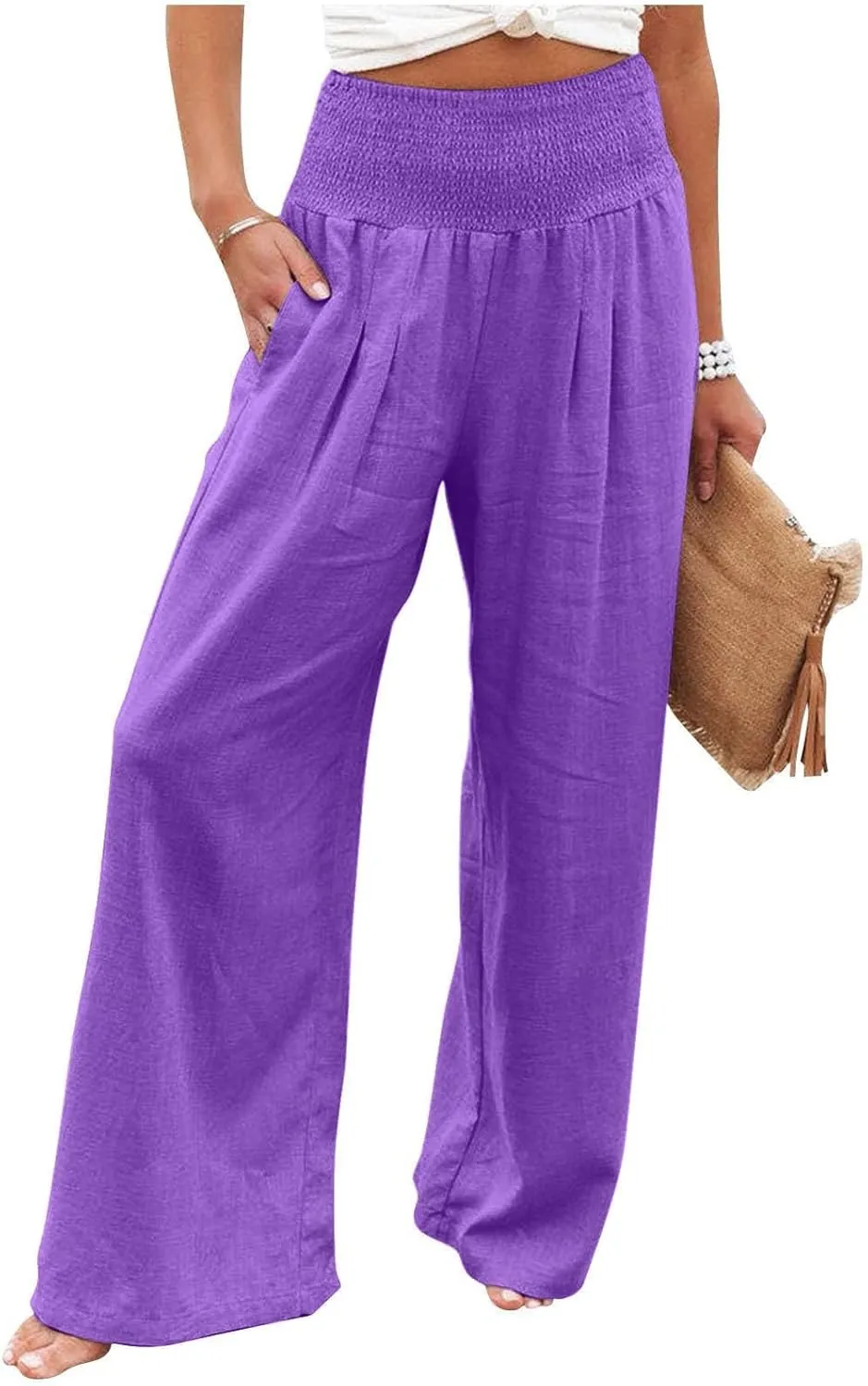 Wide Leg Linen Pants Women Baggy Flowy Beach Pants Elastic High Waisted Smocked Tummy Control Vacation Pants with Pockets