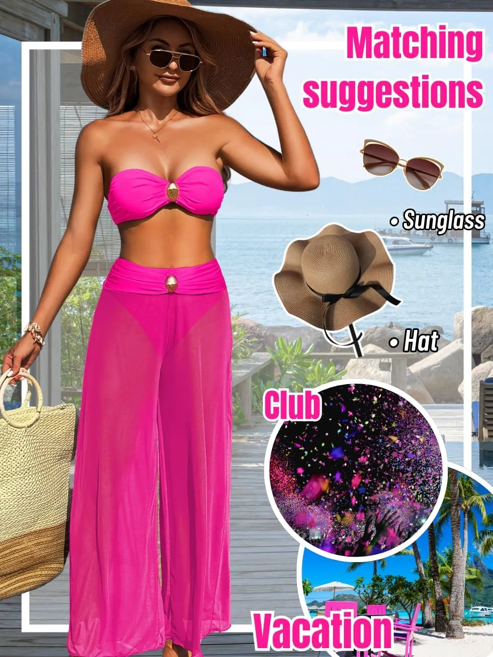 Women 3 Piece Sexy Swimsuit, Bandeau Strapless Bikini Set, Color Block High Waisted Bathing Suit Cover Up Pants Beach