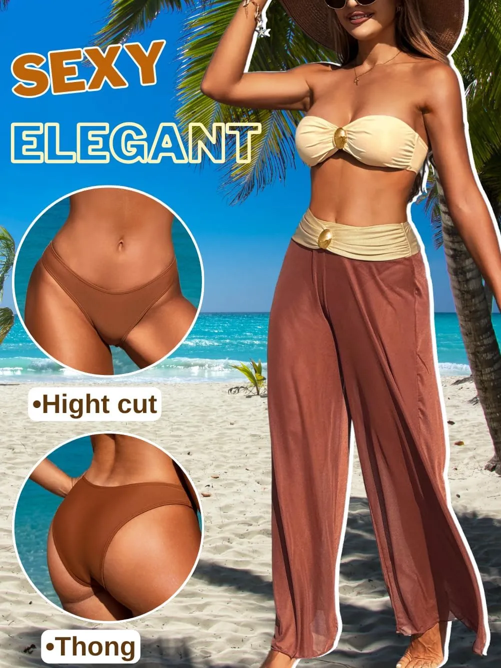Women 3 Piece Sexy Swimsuit, Bandeau Strapless Bikini Set, Color Block High Waisted Bathing Suit Cover Up Pants Beach