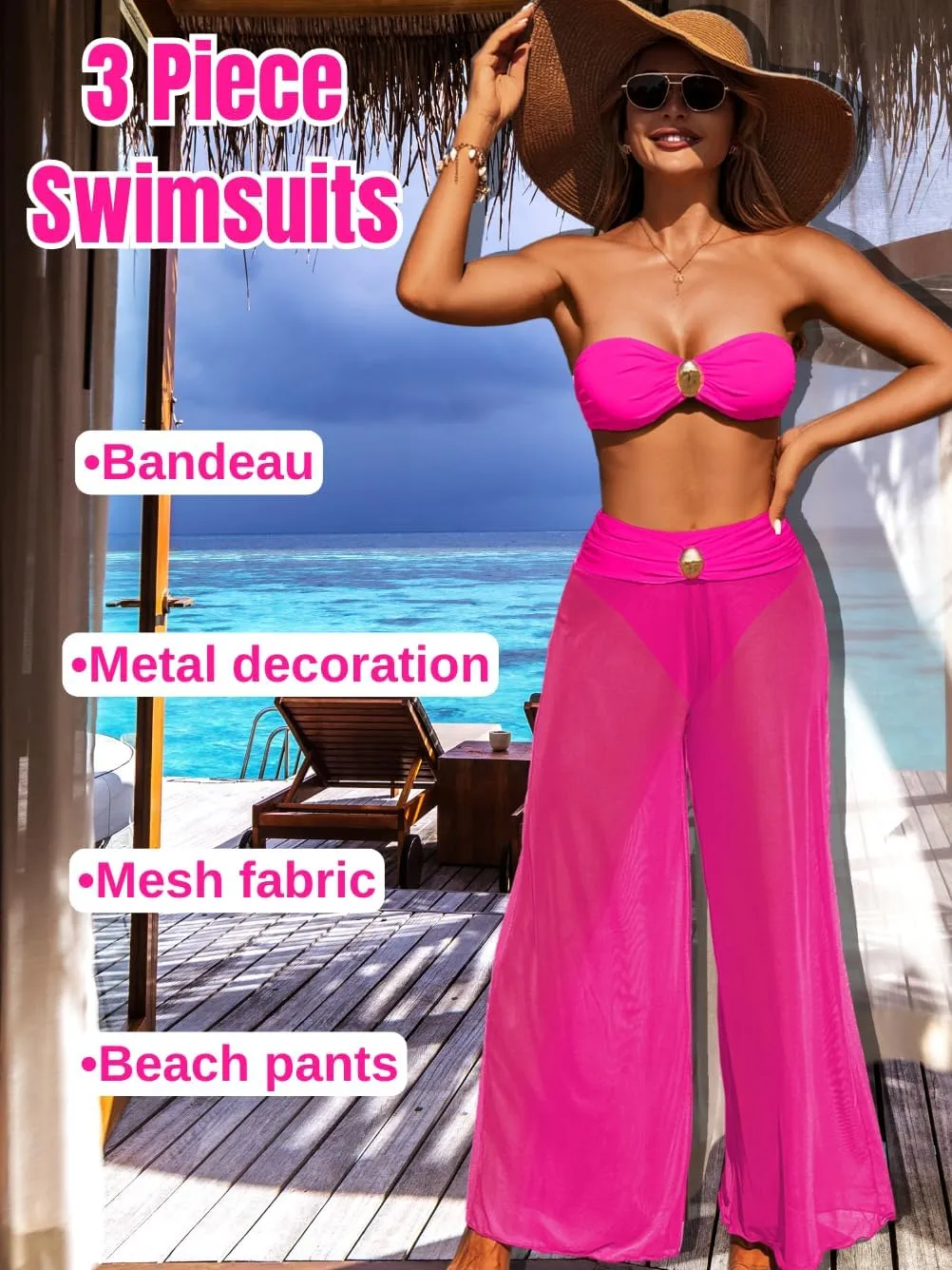 Women 3 Piece Sexy Swimsuit, Bandeau Strapless Bikini Set, Color Block High Waisted Bathing Suit Cover Up Pants Beach