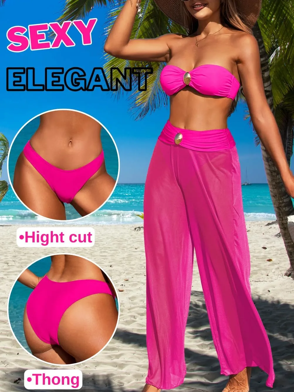 Women 3 Piece Sexy Swimsuit, Bandeau Strapless Bikini Set, Color Block High Waisted Bathing Suit Cover Up Pants Beach